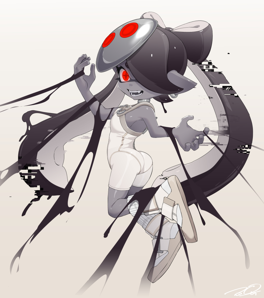 1girl absurdres alternate_eye_color alternate_skin_color arm_up black_hair black_tongue bodysuit boots bow-shaped_hair callie_(splatoon) choker colored_skin cosplay earrings fangs from_behind full_body glitch glowing glowing_eye grey_choker grey_skin hair_over_one_eye highres hoop_earrings inkling jewelry long_hair mask mask_on_head nintendo one_eye_covered open_mouth parallel_canon_(cosplay) parallel_canon_(splatoon) pointy_ears puchiman red_eyes red_pupils restrained signature sleeveless sleeveless_bodysuit socks solo splatoon_(series) splatoon_3 splatoon_3:_side_order star-shaped_pupils star_(symbol) suction_cups swept_bangs symbol-shaped_pupils tentacle_hair very_long_hair white_background white_bodysuit white_boots white_socks