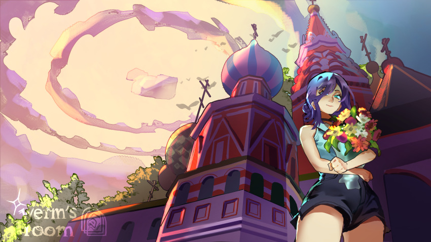 1girl black_choker black_shorts bouquet building chainsaw_man choker closed_mouth collared_shirt flower from_below highres holding holding_bouquet moscow outdoors purple_eyes purple_hair reze_(chainsaw_man) shirt short_shorts shorts sleeveless sleeveless_shirt solo st._basil&#039;s_cathedral wermer white_shirt