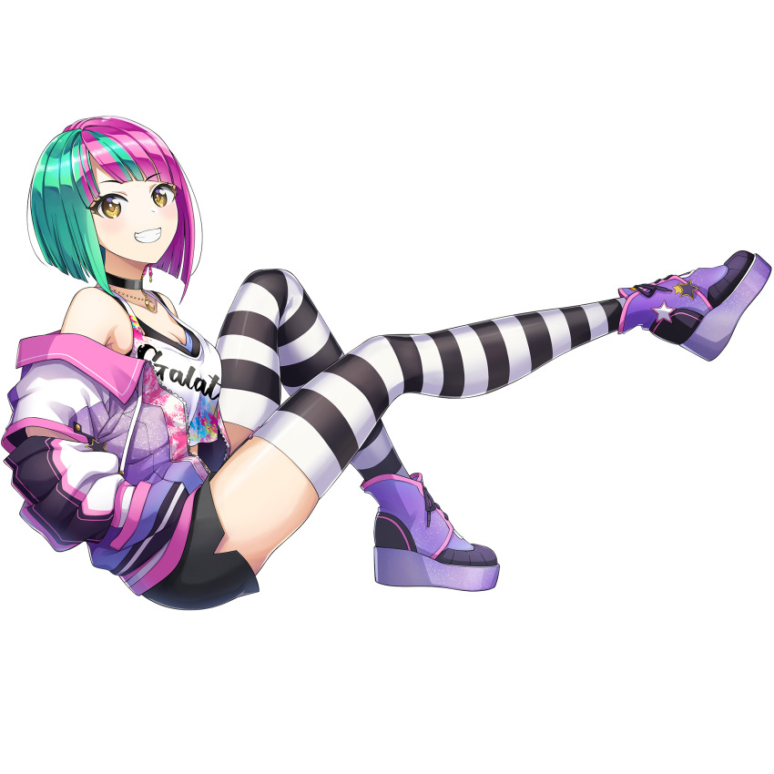 1girl black_choker black_stripes bob_cut breasts choker cleavage clenched_teeth crop_top diagonal_bangs dolphin_wave game_cg green_hair hands_in_pockets helly_lewis highres jacket jewelry large_breasts leaning_back light_blush looking_at_viewer multicolored_hair necklace non-web_source official_alternate_costume official_art ootomo_takuji open_clothes open_jacket pink_hair platform_shoes print_shirt shirt sitting smile solo split-color_hair striped_clothes striped_thighhighs tank_top teeth thighhighs transparent_background two-tone_hair white_tank_top yellow_eyes
