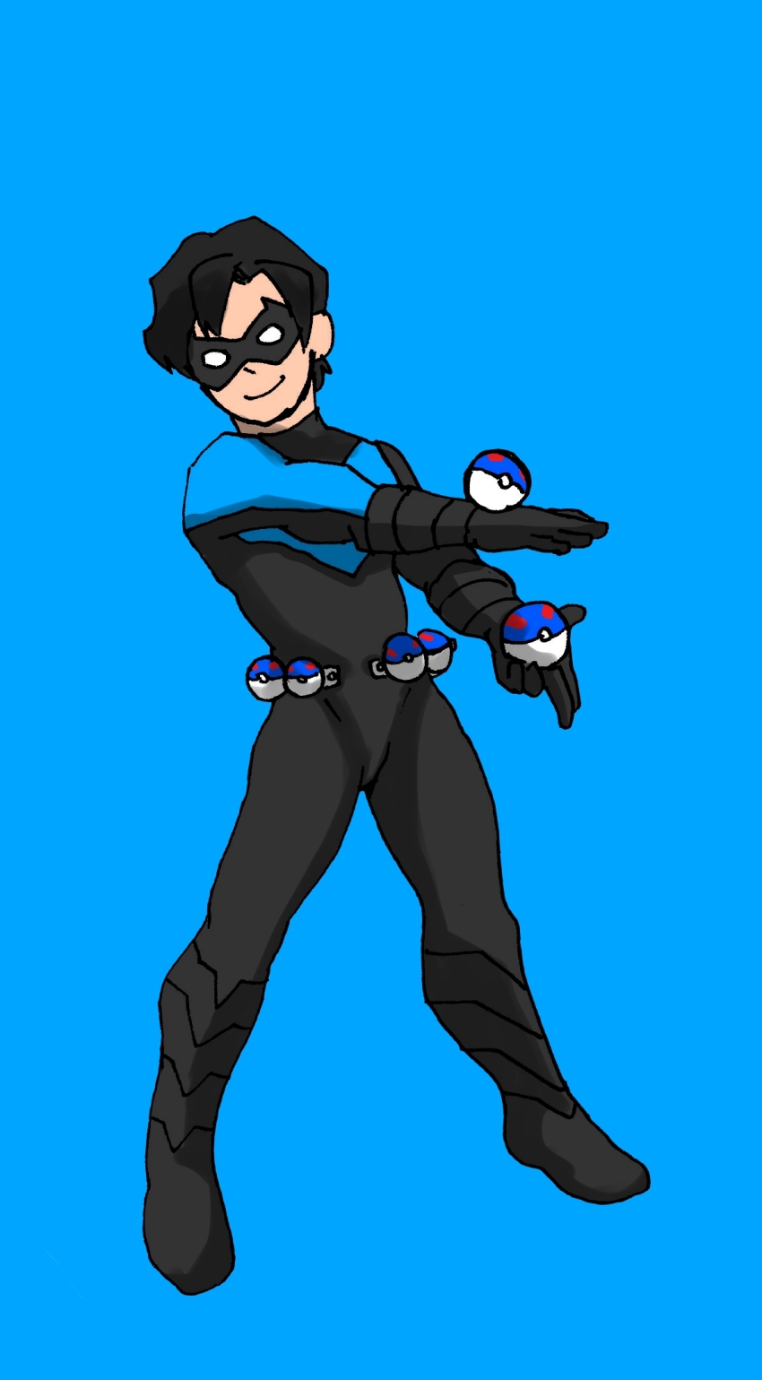 1boy batman_(series) black_hair bodysuit creatures_(company) crossover dc_comics dick_grayson domino_mask full_body game_freak highres male_focus mask nightwing nintendo poke_ball pokemon simple_background sketch smile solo