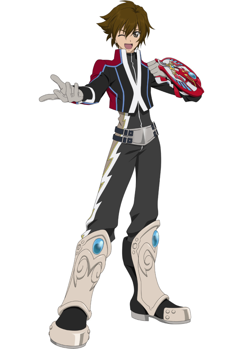 1boy ;d armor boots brown_hair commentary english_commentary full_body gloves greaves hair_between_eyes highres jacket knee_boots kor_meteor male_focus official_art one_eye_closed open_mouth pants shield smile solo tales_of_(series) tales_of_asteria tales_of_hearts transparent_background