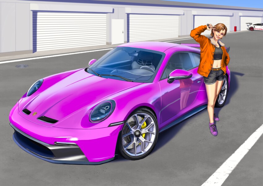 1girl absurdres belt black_shorts brown_belt brown_hair building car fur-trimmed_jacket fur_trim head_tilt highres jacket looking_at_viewer midriff motor_vehicle navel orange_jacket original outdoors porsche porsche_911 porsche_992 purple_car purple_eyes purple_shoes shadow shoes short_hair shorts sky sneakers solo spoiler_(automobile) sports_car sumakun vehicle_focus