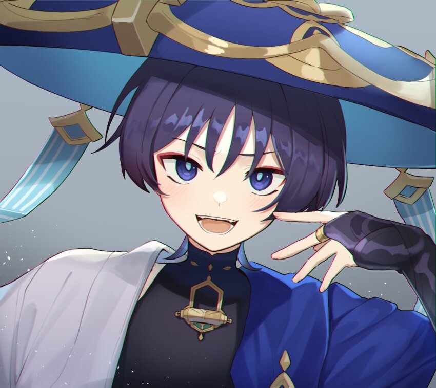 1boy armor black_bodysuit black_bridal_gauntlets blue_cape blue_eyes blue_hat blue_pupils blunt_ends blush bodysuit bridal_gauntlets cape corn_kuten eyeliner eyeshadow fingernails genshin_impact gold gold_ring grey_background hand_up hat japanese_armor japanese_clothes jingasa kimono kote kurokote looking_at_viewer makeup male_focus mandarin_collar middle_ring open_mouth portrait purple_hair red_eyeliner red_eyeshadow ringed_eyes scaramouche_(genshin_impact) shoulder_peek solo teeth tongue wanderer_(genshin_impact) white_kimono white_sleeves