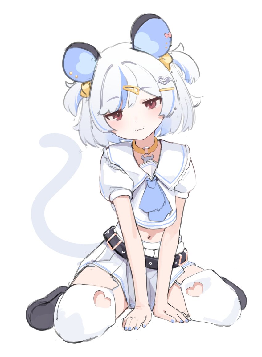 1girl :3 absurdres animal_ear_piercing animal_ears arm_support belt belt_buckle between_legs black_belt black_shoes blue_hair blue_nails blue_neckerchief blush bow buckle chocpocalypse clothing_cutout collar collared_shirt crop_top crop_top_overhang cropped_shirt dot_nose eyebrows_hidden_by_hair flat_chest frilled_sailor_collar frilled_shirt_collar frills full_body garter_straps gold_bow hair_bow hair_flaps hair_intakes hair_ornament hairclip half-closed_eyes hand_between_legs head_tilt heart heart_cutout heart_hair_ornament highres indie_virtual_youtuber invisible_floor jitome looking_at_viewer loose_belt midriff miniskirt mouse_ears mouse_girl mouse_tail multicolored_hair multiple_piercings navel neckerchief nemimi_yane parted_bangs pleated_skirt puffy_short_sleeves puffy_sleeves purple_eyes raised_eyebrows red_eyes sailor_collar school_uniform serafuku shirt shoes short_hair short_sleeves sidelocks simple_background sitting skirt skirt_set smile smug solo straight-on streaked_hair tail thighhighs two-tone_hair two_side_up v_arms wariza white_background white_hair white_sailor_collar white_serafuku white_shirt white_skirt white_tail white_thighhighs yellow_bow yellow_collar zettai_ryouiki