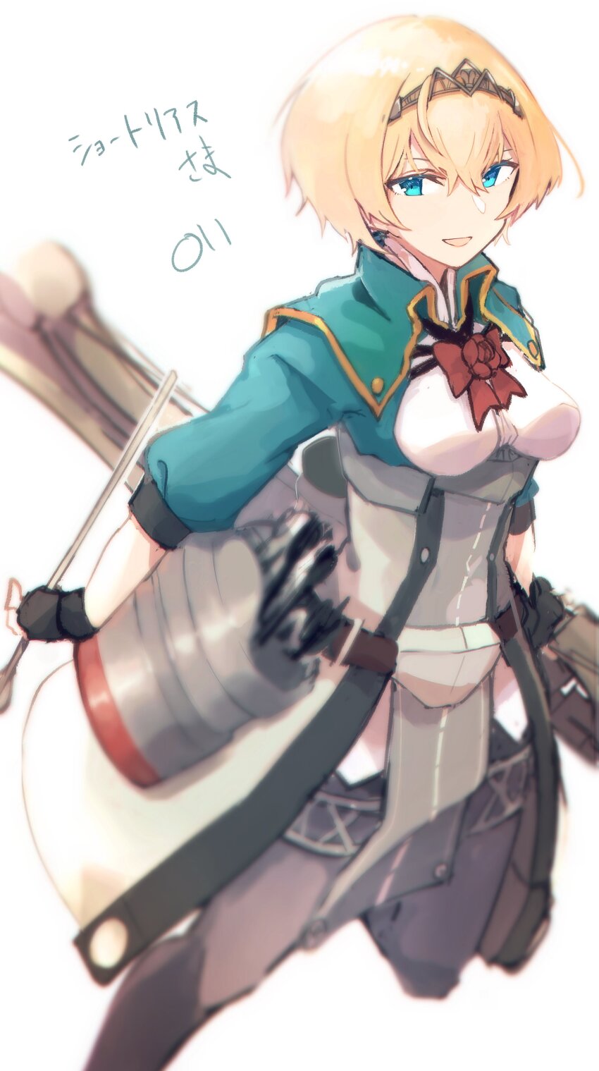 1girl absurdres arrow_(projectile) black_gloves black_pantyhose blonde_hair blue_eyes breasts flower gloves hair_between_eyes hairband highres holding holding_arrow kantai_collection ma_rukan medium_breasts military_uniform official_alternate_hair_length official_alternate_hairstyle open_mouth pantyhose red_flower red_ribbon red_rose ribbon rose short_hair signature simple_background three-quarter_sleeves smile solo tiara victorious_(kancolle) white_background
