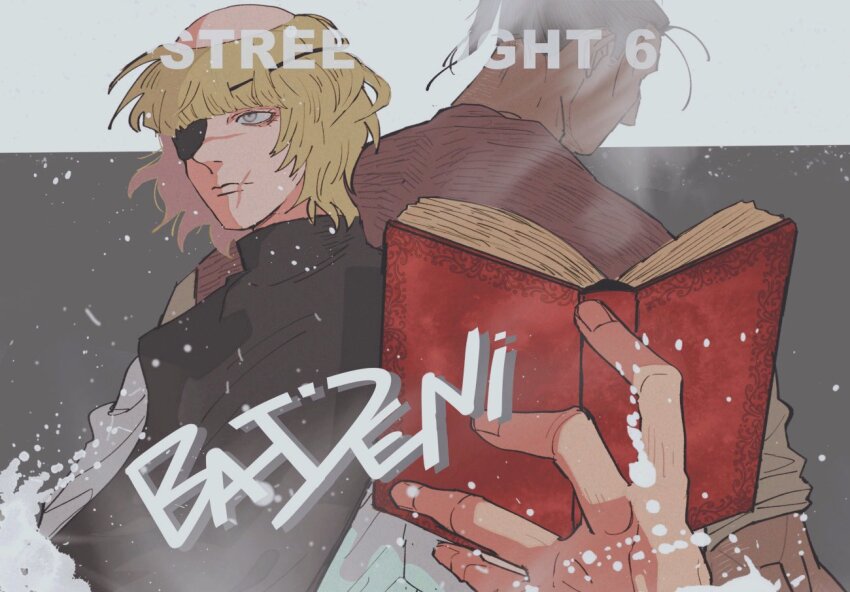2boys back-to-back badeni black_hair black_robe blonde_hair blunt_bangs book character_name closed_mouth eyepatch holding holding_book male_focus medium_hair monk multiple_boys muscular muscular_male oczy parody ponytail qpsk_6 rafal_(chi.) red_tunic robe scar scar_on_face scar_on_mouth scar_on_nose shirt sleeves_rolled_up street_fighter street_fighter_6 tonsure tunic upper_body white_shirt