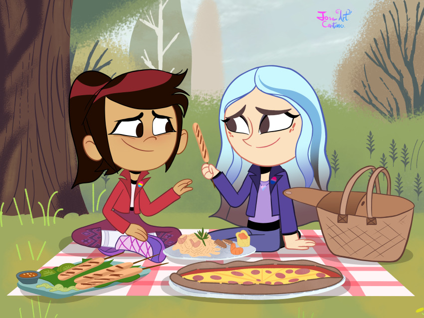 2girls absurdres andrea_davenport artist_name basket closed_mouth commentary food freckles grass highres joseartcentenoofficial molly_mcgee multicolored_hair multiple_girls outdoors picnic picnic_basket picnic_blanket signature smile symbol-only_commentary the_ghost_and_molly_mcgee tree