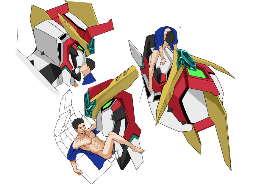 2boys anilingus ao_isami bara bare_pectorals black_hair bottomless bravern couple cropped_shoulders facial_hair french_kiss from_side giant giant_male kiss male_focus multiple_boys multiple_views official_alternate_costume pectorals robot_sex sideburns_stubble stubble thick_eyebrows toned toned_male white_background xylo_bee yaoi yuuki_bakuhatsu_bang_bravern