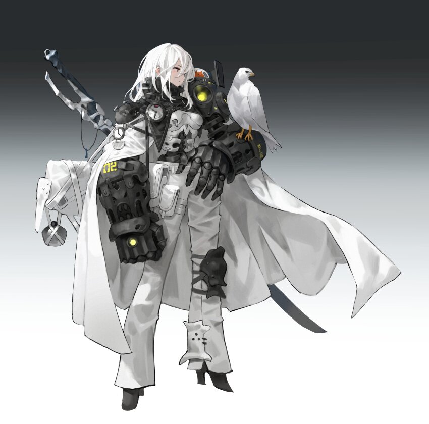absurdres armor arowana2111 bird block_heels cape cyborg gradient_background hair_between_eyes high_heels highres huge_weapon knee_armor long_hair mechanical_arms mechanical_spine number_print original oversized_limbs pants red_eyes shoulder_armor sword sword_on_back weapon weapon_on_back white_bird white_cape white_hair white_pants