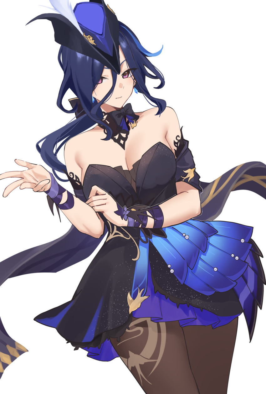 1girl absurdres bare_shoulders black_bow black_bowtie black_dress black_pantyhose black_ribbon blue_hair bow bowtie breasts cleavage clorinde_(genshin_impact) commission commissioner_upload cosplay dress genshin_impact hand_up hat highres keqing_(genshin_impact) keqing_(genshin_impact)_(cosplay) keqing_(opulent_splendor)_(genshin_impact) long_hair non-web_source off-shoulder_dress off_shoulder pantyhose pinepin purple_eyes ribbon short_dress short_sleeves solo thighs transparent_background tricorne very_long_hair wrist_ribbon