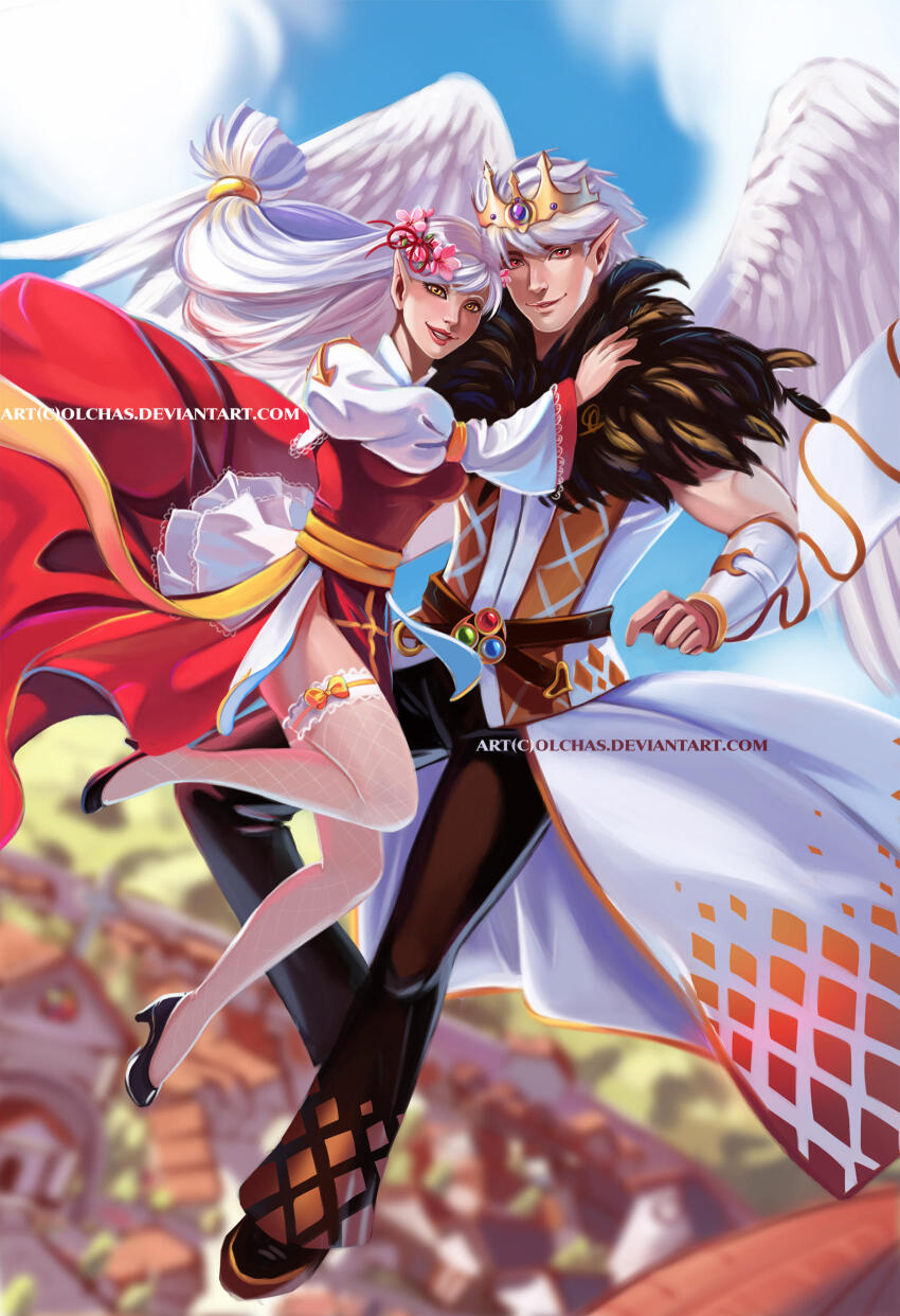1boy 1girl absurdres arch_bishop_(ragnarok_online) argyle_cape argyle_clothes argyle_pants argyle_shirt black_pants black_shoes blue_sky blurry blurry_background cape city closed_mouth cloud commentary commission cross crown day detached_sleeves dress english_commentary feathered_wings fishnet_thighhighs fishnets flower flying full_body fur_collar grin hair_flower hair_ornament high_heels highres juliet_sleeves long_hair long_sleeves looking_at_viewer low-tied_long_hair olchas orange_eyes outdoors pants pink_flower pointy_ears puffy_sleeves ragnarok_online red_dress sash shirt shoes short_hair sky smile sorcerer_(ragnarok_online) thighhighs two-tone_dress waist_cape white_cape white_dress white_hair white_shirt white_sleeves white_thighhighs white_wings wings yellow_eyes yellow_sash