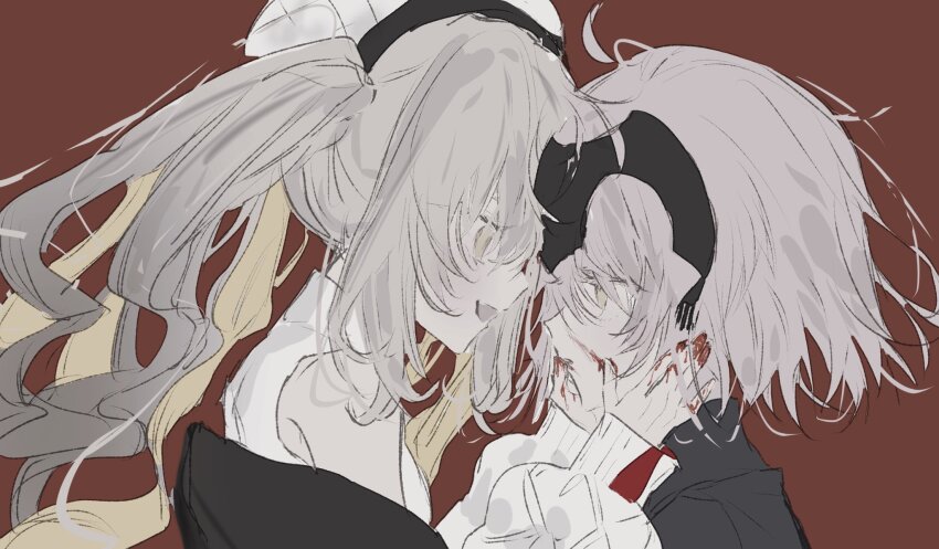 blonde_hair blood blood_on_face blood_on_hands colored_inner_hair fate/grand_order fate_(series) grey_hair hat headpiece highres jeanne_d&#039;arc_alter_(avenger)_(fate) jeanne_d&#039;arc_alter_(fate) long_hair looking_at_another lplplup marie_antoinette_(fate) marie_antoinette_alter_(fate) marie_antoinette_alter_(first_ascension)_(fate) multicolored_hair open_mouth profile red_background shirt short_hair simple_background sketch smile twintails upper_body yellow_eyes