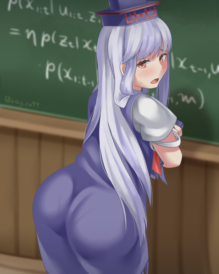 1girl against_chalkboard ass blue_dress blue_hair blush brown_eyes chalkboard dress embarrassed from_behind hat highres kamishirasawa_keine leaning leaning_forward long_hair looking_back open_mouth pantylines ray_co99 solo sweatdrop touhou very_long_hair