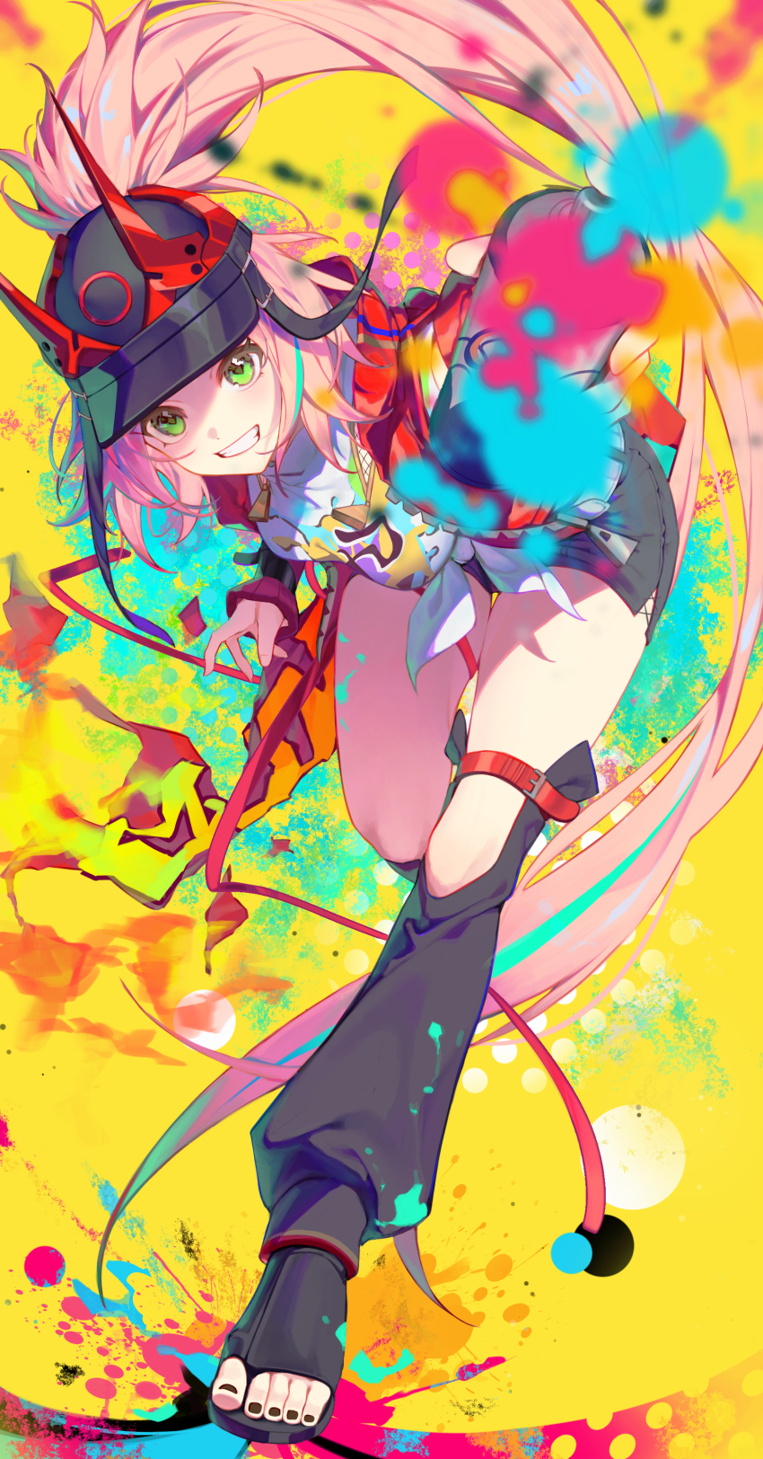 1girl absurdres belt black_footwear black_hat black_nails black_shorts can fake_horns floating_hair full_body graffiti green_eyes hand_up hat horned_hat highres holding holding_can honkai:_star_rail honkai_(series) horns jacket leaning_forward long_hair long_sleeves open_clothes open_jacket open_mouth pink_hair ponytail rappa_(honkai:_star_rail) shirt shorts shotgunman spray_can teeth thigh_belt thigh_strap toeless_footwear toenails very_long_hair white_shirt