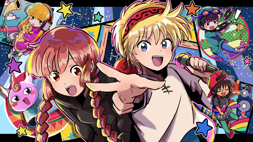 1other 2girls 3boys :d animal backwards_hat bandana black_robe blue_eyes blush_stickers braid brown_hair cat closed_eyes cloud gipple goggles hat headphones highres holding holding_animal holding_microphone horn_(instrument) juju_coo_shnamur kukuri_(mahoujin_guruguru) lamp mahoujin_guruguru microphone multiple_boys multiple_girls nike_(mahoujin_guruguru) open_mouth raid_(mahoujin_guruguru) red_bandana red_footwear red_headwear robe rune_(ruupokesmash54) shirt smile star_(symbol) toma_parott twin_braids v vinyl_record white_shirt