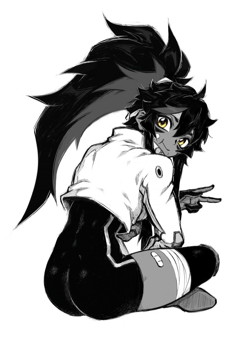 1girl ass bandaged_leg bandages bandaid bandaid_on_leg food food_on_face highres jacket juliette_(omega_strikers) leotard liyart long_hair looking_back monochrome multicolored_hair omega_strikers ponytail sitting sketch skindentation thighs two-tone_hair unitard v yellow_eyes