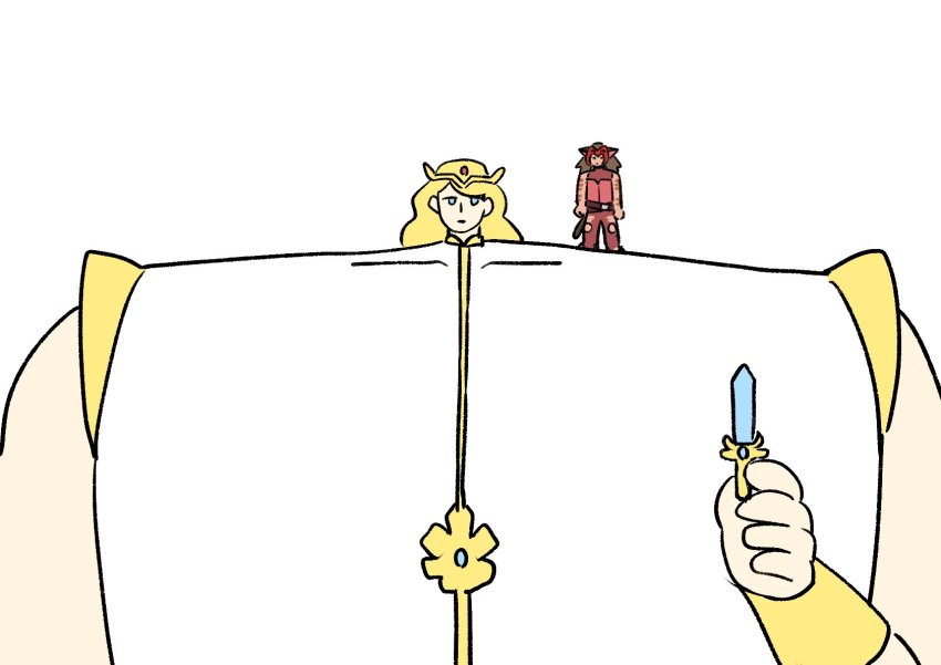 2girls anatomical_nonsense animal_ears bad_anatomy blonde_hair blue_eyes brown_hair cat_ears cat_girl cat_tail catra headwear_request highres holding holding_sword holding_weapon multiple_girls parody she-ra she-ra_and_the_princesses_of_power style_parody sword tail takamizo weapon white_background yellow_headwear