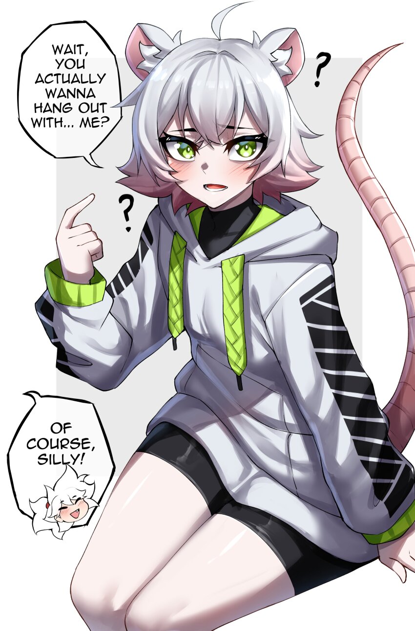 2girls ? absurdres animal_ears black_shorts borrowed_character english_text green_eyes highres hood hood_down hoodie long_sleeves mouse_ears mouse_girl mouse_tail multiple_girls open_mouth original perl_(vertigris) rageman709 short_hair shorts sitting speech_bubble tail teeth white_hair white_hoodie