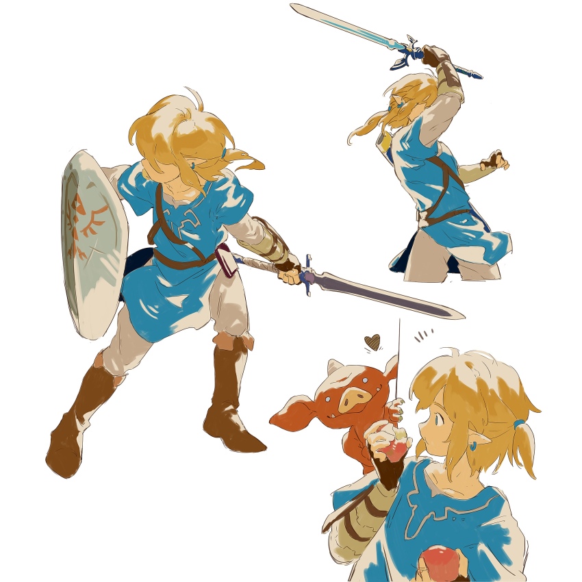 1boy absurdres apple blue_tunic bokoblin brown_hair earrings eating fingerless_gloves food fruit gloves grey_pants heart highres holding holding_food holding_fruit holding_shield holding_sword holding_weapon jewelry male_focus multiple_views nintendo pants peeking_out pointy_ears ponytail ricmoo3 shield short_hair sword the_legend_of_zelda the_legend_of_zelda:_breath_of_the_wild tunic weapon