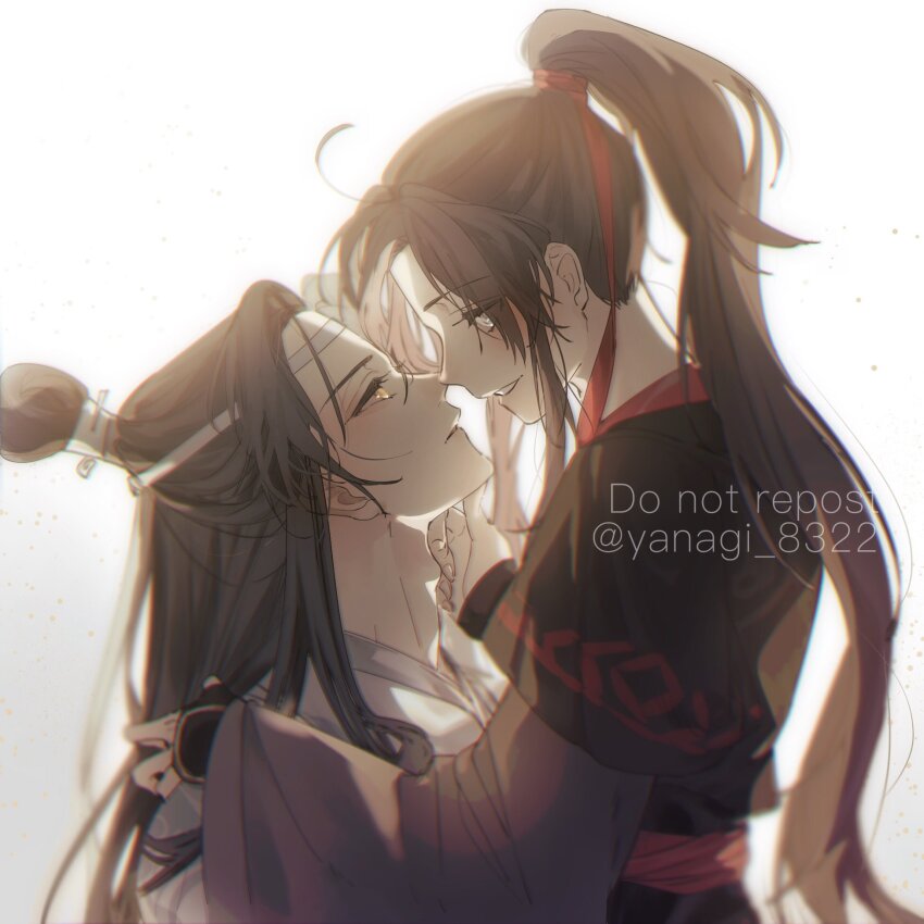2boys ahoge black_hair black_hanfu blurry blush chinese_clothes couple eye_contact face-to-face from_side grey_eyes gymnasium119 hair_ribbon hand_on_another&#039;s_chin hand_on_another&#039;s_shoulder hanfu headband high_ponytail highres hug lan_wangji layered_sleeves long_hair long_sleeves looking_at_another male_focus modao_zushi multiple_boys parted_lips ponytail profile red_ribbon red_sash ribbon robe sash sidelocks simple_background sleeves_past_wrists smile topknot twitter_username upper_body watermark wei_wuxian white_background white_hanfu white_headband wide_sleeves xiao_guan_(headdress) yaoi yellow_eyes