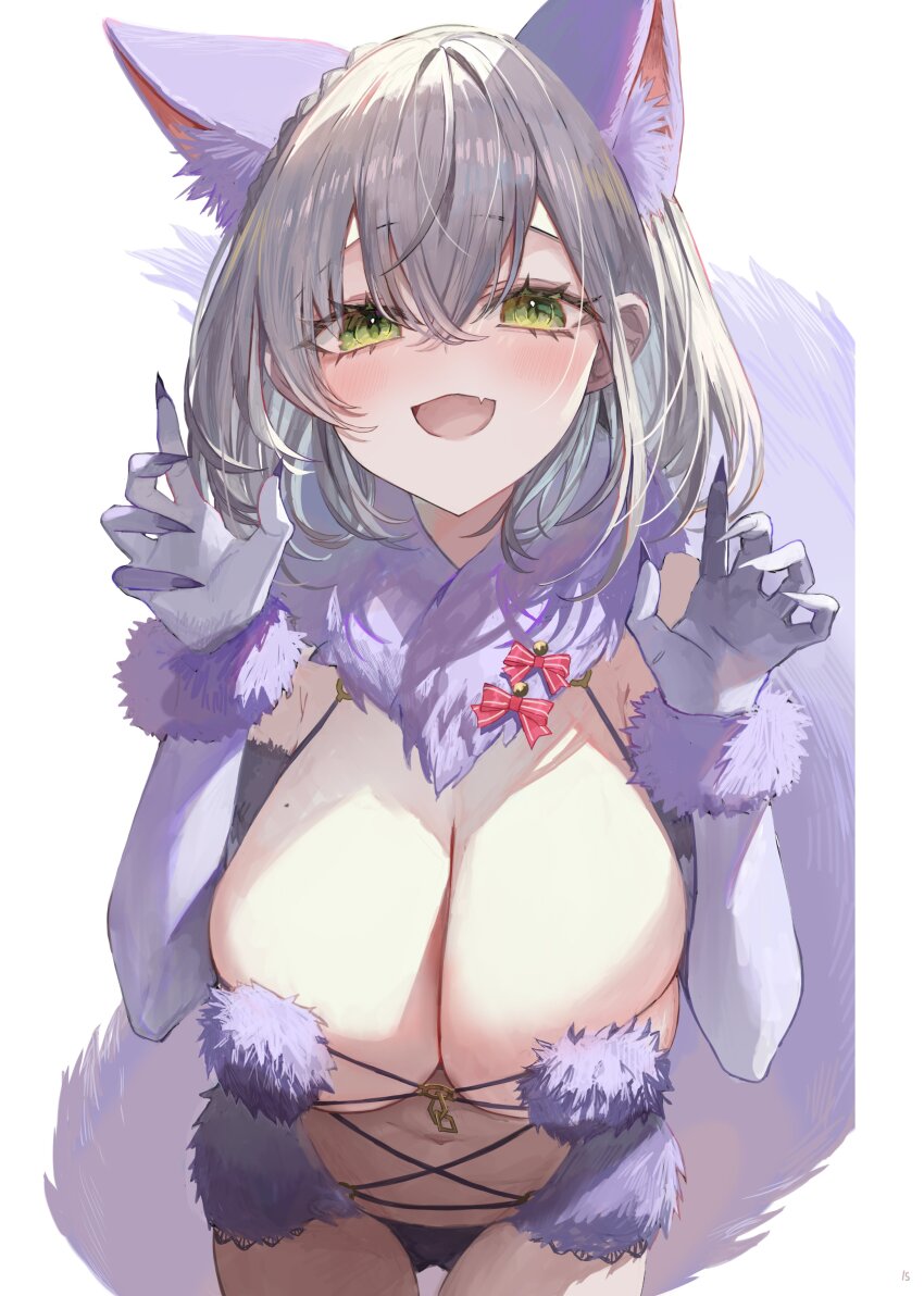 1girl absurdres alternate_costume animal_ears blush braid breast_focus breasts claws cleavage commentary_request cosplay fate/grand_order fate_(series) green_eyes grey_hair hair_between_eyes highres hololive large_breasts looking_at_viewer mash_kyrielight mash_kyrielight_(cosplay) mash_kyrielight_(dangerous_beast) mash_kyrielight_(dangerous_beast)_(cosplay) navel open_mouth revealing_clothes rum_raisin_(chihiromakita19) shirogane_noel short_hair smile solo tail virtual_youtuber