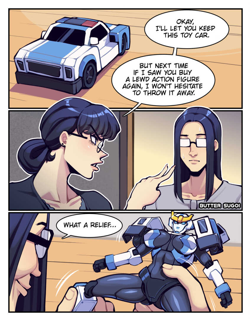 1boy 1girl artist_name black_hair breasts butter_sugoi character_doll earrings frown glasses highres jewelry large_breasts motion_lines opaque_glasses original pointing smile strongarm_(transformers) stud_earrings toy_car transformers transformers:_robots_in_disguise_(2015)