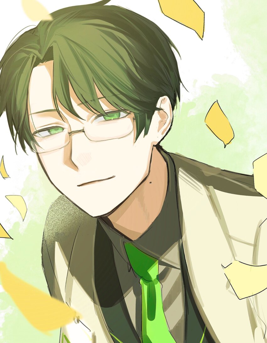1boy black_vest bus_gen094 coat collared_shirt curtained_hair dongrang_(project_moon) falling_petals glasses green_eyes green_hair green_necktie highres limbus_company looking_at_viewer male_focus necktie petals project_moon shirt short_hair smile solo upper_body vest white_coat white_shirt