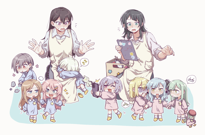 6+girls aged_down apron ave_mujica_(bang_dream!) bang_dream! bang_dream!_it&#039;s_mygo!!!!! blonde_hair blue_hair blue_shirt brown_eyes brown_hair cat_hair_ornament cellphone chihaya_anon chinese_commentary commentary_request criangle_k. disgust drum fang grabbing_another&#039;s_arm green_hair grey_eyes grey_hair hair_ornament hair_ribbon highres holding holding_phone instrument kaname_raana long_hair long_sleeves medium_hair misumi_uika mortis_(bang_dream!) mortis_(costume)_(bang_dream!) multiple_girls mygo!!!!!_(bang_dream!) nagasaki_soyo open_mouth phone pink_hair pink_shirt puff_of_air purple_eyes purple_hair raana_the_cat ribbon rock shiina_taki shirt short_hair sidelocks sleeping smartphone stuffed_animal stuffed_cat stuffed_toy sweatdrop takamatsu_tomori teeth time_paradox togawa_sakiko trembling upper_teeth_only wakaba_mutsumi wakaba_mutsumi_(doll) white_apron white_hair white_shirt yahata_umiri yellow_eyes yuutenji_nyamu