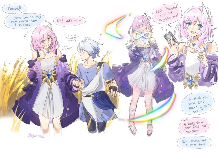 1boy 1girl ahoge black_pants blue_eyes blue_shirt card coat commentary cyrene_(honkai:_star_rail) dress english_text highres holding holding_card holding_hands honkai:_star_rail honkai_(series) infinity_symbol jewelry medium_hair multicolored_hair multiple_views necklace pants phainon_(a_dream_scented_in_wheat)_(honkai:_star_rail) phainon_(honkai:_star_rail) pink_hair purple_coat rea_(tireamisu_) sandals shirt short_hair speech_bubble symbol-only_commentary tarot tarot_card two-tone_hair wheat wheat_field white_dress white_hair