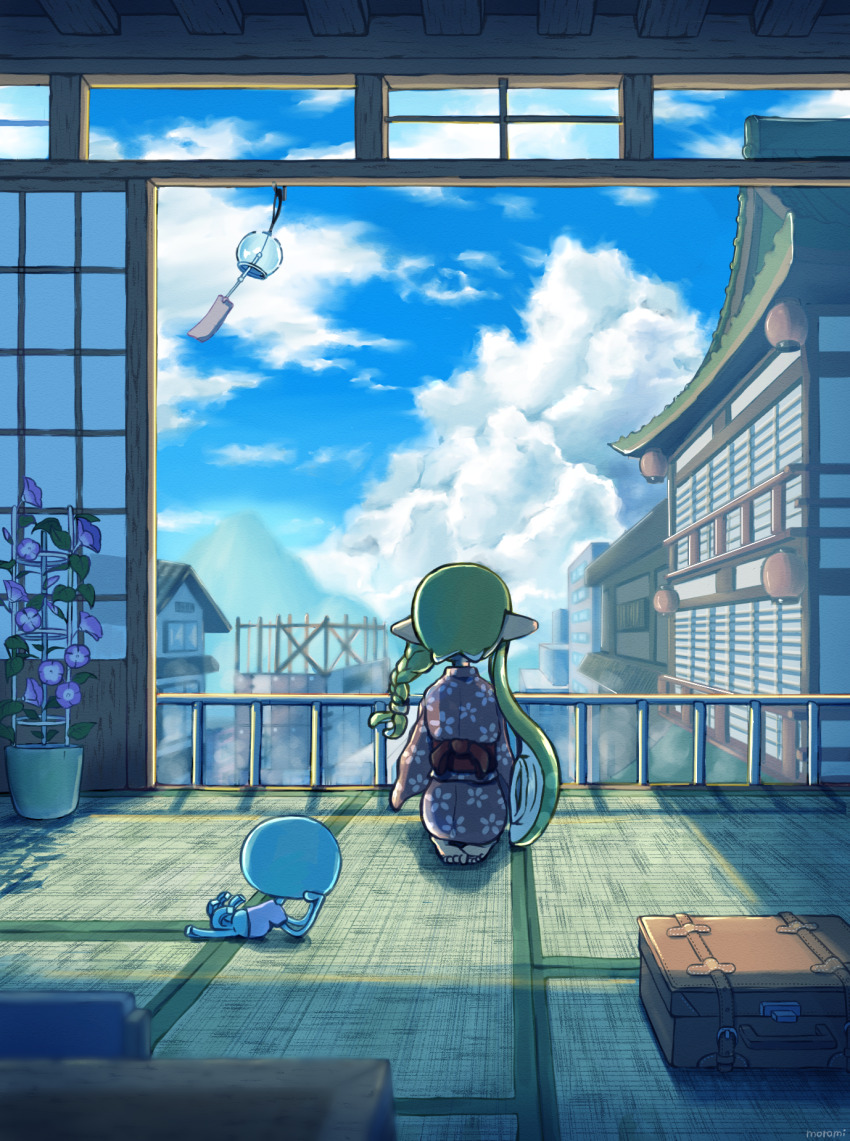 1girl architecture barefoot blonde_hair blue_sky blurry blurry_foreground braid building city cloud commentary_request day east_asian_architecture facing_away feet floral_print flower flower_pot from_behind head_rest highres house indoors inkling inkling_girl inkling_player_character japanese_clothes jellyfish_(splatoon) kimono lantern long_hair long_sleeves lying morning_glory moromi_(kscd4482) nintendo obi on_floor on_side paper_lantern pink_kimono plant pointy_ears print_kimono purple_flower railing red_sash sash scenery shadow shirt short_sleeves shouji side_braid single_braid sitting sky sliding_doors splatoon_(series) suction_cups suitcase t-shirt table tatami tentacle_hair toes very_long_hair vines white_shirt wind_chime