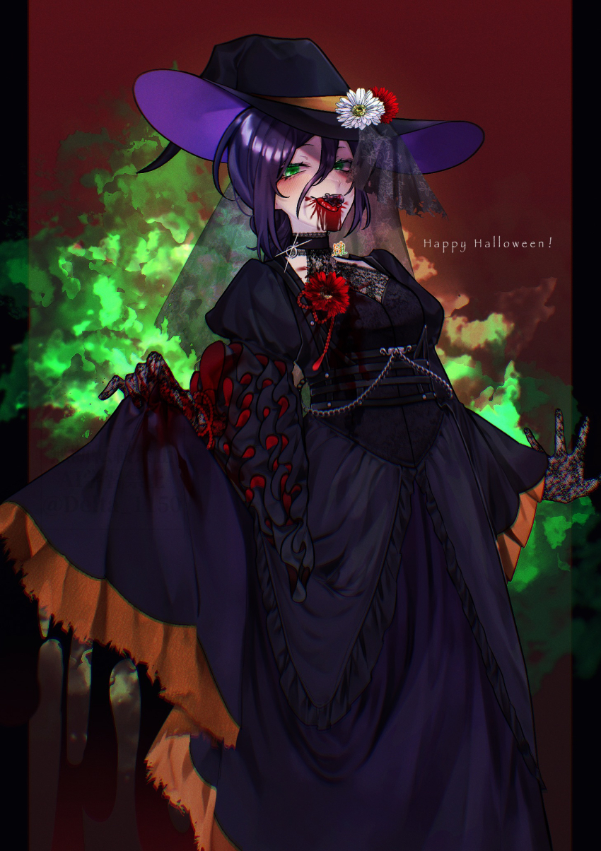 1girl black_dress black_hat blood blood_from_mouth chainsaw_man clothes_lift dress dress_lift flower gloves green_eyes hair_between_eyes hat hat_flower highres lace lace_gloves looking_at_viewer niki_(pixiv6116203) purple_hair red_flower reze_(chainsaw_man) solo tongue tongue_out white_flower witch_hat