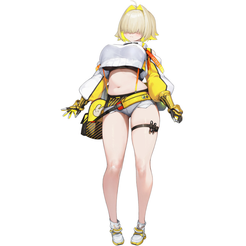 1girl absurdres ahoge animal_print belly black_gloves black_sports_bra blonde_hair blush breasts closed_mouth crop_top crop_top_overhang cropped_sweater cutoffs elegg_(nikke) full_body gloves gluteal_fold goddess_of_victory:_nikke grey_shorts grid_background hair_intakes hair_over_eyes highres jam_(nandade) large_breasts long_sleeves micro_shorts multicolored_gloves multicolored_hair navel official_art open_mouth plump puffy_sleeves rabbit_print short_hair short_shorts shorts smile sports_bra standing suspenders sweater thigh_strap thighs transparent_background two-tone_hair white_footwear