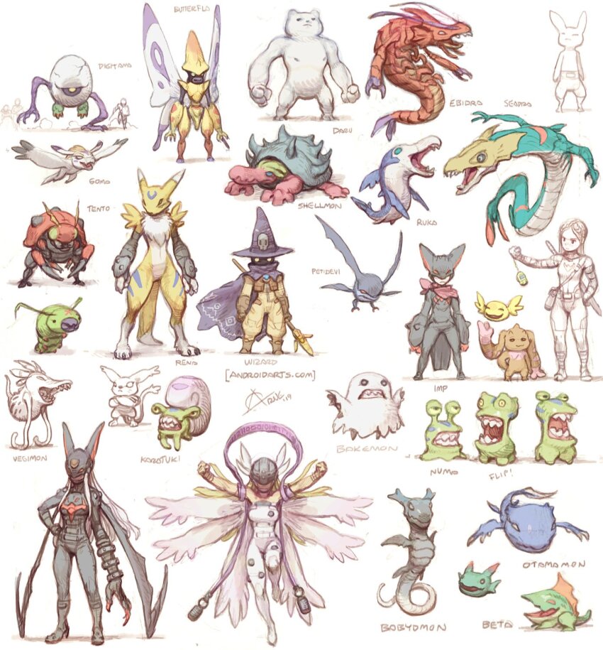 angel angel_girl angewomon babydmon bakemon betamon digimon digimon_(creature) digitamamon ebidramon head_wings highres honeybeemon impmon karatukinumemon ladydevimon long_hair lopmon mask neamon numemon original otamamon petitmon picodevimon renamon rukamon seadramon shellmon tailmon tentomon upamon vegimon wings wizarmon wormmon yukidarumon