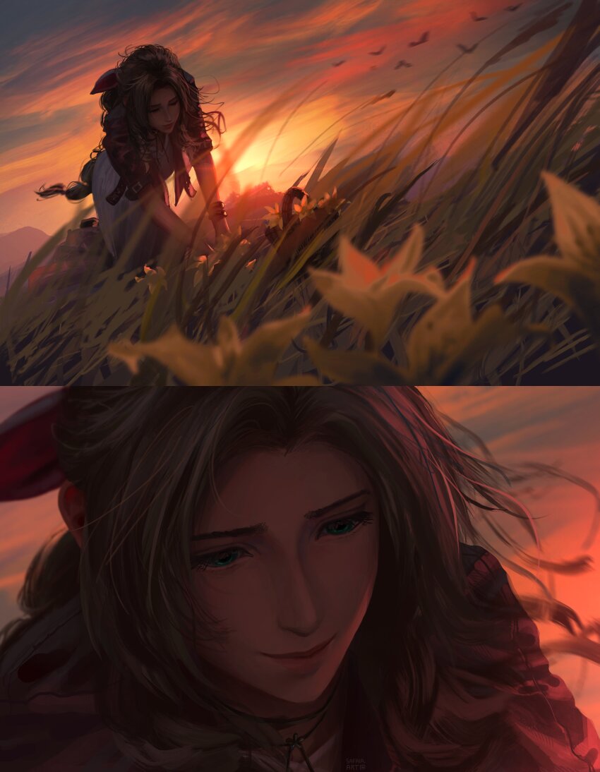 1girl absurdres aerith_gainsborough bangle bird bracelet braid braided_ponytail closed_mouth commentary dress english_commentary final_fantasy final_fantasy_vii final_fantasy_vii_rebirth final_fantasy_vii_remake flower flower_basket grass green_eyes hair_ribbon highres jacket jewelry kneeling long_hair mountainous_horizon orange_sky outdoors parted_bangs pink_dress pink_ribbon red_jacket ribbon safaia short_sleeves sky solo sunset yellow_flower