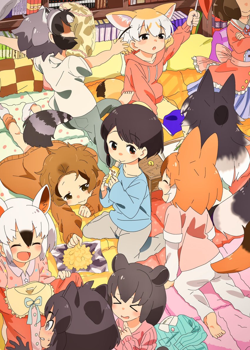 &gt;_&lt; 6+girls all_fours alternate_costume animal_ears back_bow barefoot black_hair black_jaguar_(kemono_friends) blanket blue_dress blue_hair blue_neckwear blue_pants blue_sweater blush bow bowtie brown_bear_(kemono_friends) brown_eyes brown_hair brown_sweater captain_(kemono_friends) captain_(kemono_friends_3) chips_(food) closed_eyes collared_dress commentary_request common_raccoon_(kemono_friends) desk dhole_(kemono_friends) dog_ears dog_girl dog_tail drawstring dress eating extra_ears fang fennec_(kemono_friends) food fox_ears fox_girl fox_tail frilled_dress frills grey_hair grey_pants grey_wolf_(kemono_friends) hair_tie hakoneko_(marisa19899200) highres holding holding_shirt holding_unworn_clothes hood hood_down hoodie in_the_face jaguar_ears jaguar_girl japari_symbol juice_box kemono_friends kemono_friends_3 kneeling light_brown_hair long_hair long_sleeves lying malayan_tapir_(kemono_friends) multicolored_hair multiple_girls napkin no_headwear on_stomach open_mouth pajamas pants paper pencil pillow pink_bow pink_hoodie pink_pajamas pink_sweater pleated_dress polka_dot raccoon_ears raccoon_girl raccoon_tail red_neckwear shirt short_hair sitting sleepover sleepwear sloth_(kemono_friends) sock_dangle socks southern_tamandua_(kemono_friends) sweatdrop sweater sweatpants t-shirt tail tapir_ears tapir_girl unworn_shirt white_hair white_shirt wolf_ears wolf_girl wolf_tail yellow_pants