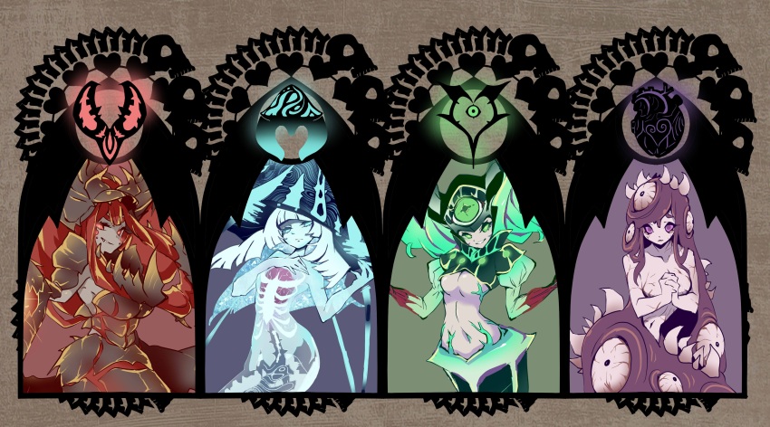 1girl 4girls abs absurdres armor black_heart_of_mantorok bloodshot_eyes blue_background blue_eyes blue_sclera blue_skin bone breasts brown_background chattur&#039;gha claw_of_chattur&#039;gha claws clothing_cutout colored_sclera colored_skin completely_nude crossover energy energy_ball eternal_darkness:_sanity&#039;s_requiem extra_eyes extra_mouth floating gem glowing glowing_claws glowing_eyes glowing_object glowing_pincers glowing_veins green_background green_eyes green_hair heart_(organ) heart_(symbol) highres horizontal_pupils horns jellyfish levitation long_hair looking_at_viewer mantorok medium_breasts mermaid midriff monster_girl multicolored_background multiple_girls navel nintendo no_pupils nude open_mouth organs personification pincers purple_background purple_eyes purple_hair purple_sclera red_background red_eyes red_hair red_sclera revealing_clothes ribs see-through_body see-through_clothes sharp_teeth sideboob sigil_of_xel&#039;lotath silicon_knights simple_background skull slime_(creature) slime_girl slit_pupils small_breasts smile spine stomach_cutout sucker_for_love tail teeth tentacles tn_scallion topless_female translucent ulyaoth underboob veil_of_ulyaoth veins very_long_hair white_hair worm xel&#039;lotath yellow_eyes