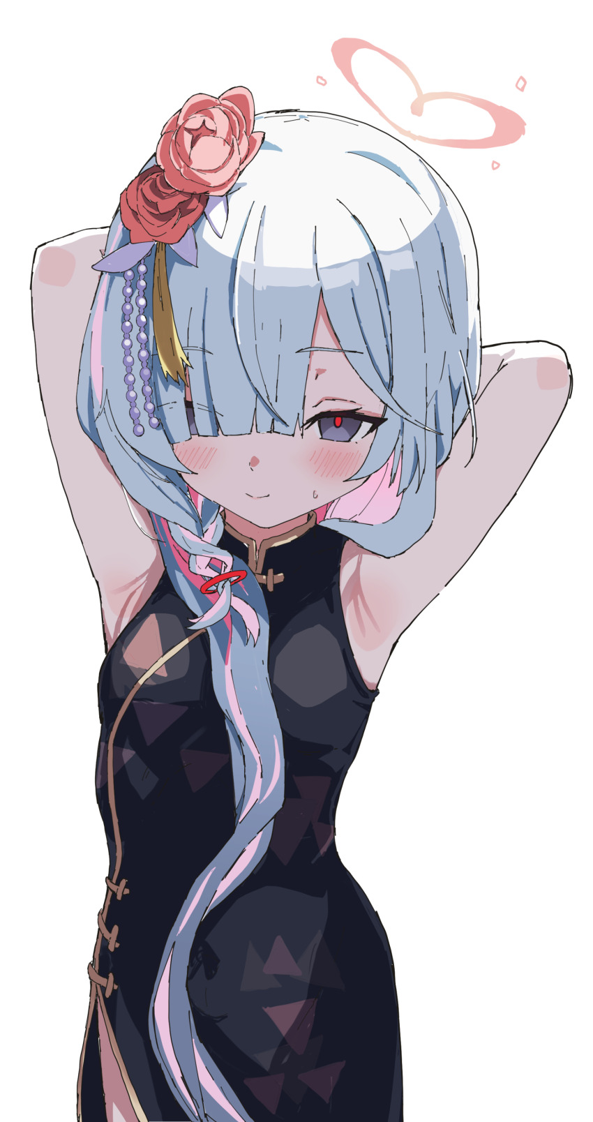 1girl absurdres alternate_costume alternate_hair_length alternate_hairstyle armpits arms_behind_head arms_up black_dress black_eyes blue_archive blue_hair blush braid breasts china_dress chinese_clothes closed_mouth colored_inner_hair commentary_request dress flower hair_flower hair_ornament hair_over_one_eye halo highres long_hair looking_at_viewer multicolored_hair official_alternate_costume official_alternate_hairstyle paid_reward_available pink_hair pink_pupils plana_(blue_archive) plana_(qipao)_(blue_archive) presenting_armpit red_halo red_pupils simple_background single_braid sleeveless smile solo transparent_background yucblossom