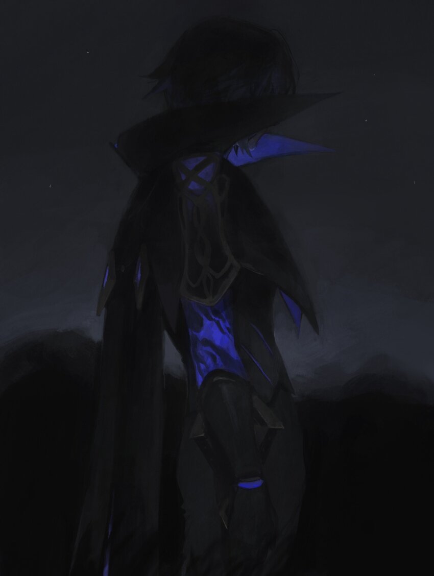 1boy absurdres black_cape black_sky black_theme cape commentary covered_eyes dainsleif_(genshin_impact) elbow_gloves feet_out_of_frame genshin_impact gloves glowing_skin hashtag-only_commentary highres kaimochi0839 male_focus mystical_high_collar night night_sky short_hair sky solo standing star_(sky)