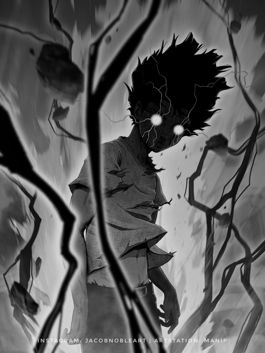 1boy arms_at_sides artist_name belt black_hair glowing glowing_eyes grey_background greyscale highres kageyama_shigeo looking_at_viewer male_focus manip midriff mob_psycho_100 monochrome navel pants rubble shirt solo spiked_hair standing t-shirt torn_clothes watermark