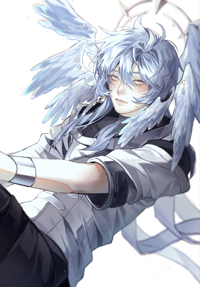 1boy blue_hair blush commentary_request earrings feathered_wings gold_earrings hair_between_eyes halo halo_behind_head head_wings highres honkai:_star_rail honkai_(series) jewelry jxnhanj korean_commentary male_focus piercing simple_background solo spiked_halo sunday_(honkai:_star_rail) white_background wing_piercing wings