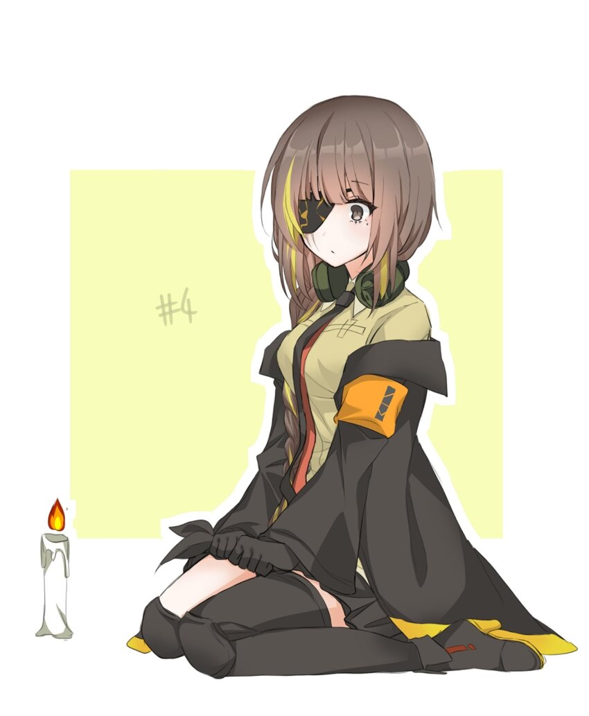 1girl black_footwear black_gloves black_jacket black_necktie black_thighhighs brown_eyes brown_hair candle closed_mouth collared_shirt ear_protection eyepatch full_body girls&#039;_frontline gloves highres jacket knee_pads long_sleeves m16a1_(girls&#039;_frontline) multicolored_hair necktie off_shoulder shadow71580825 shirt simple_background sitting solo streaked_hair thighhighs wariza yellow_shirt