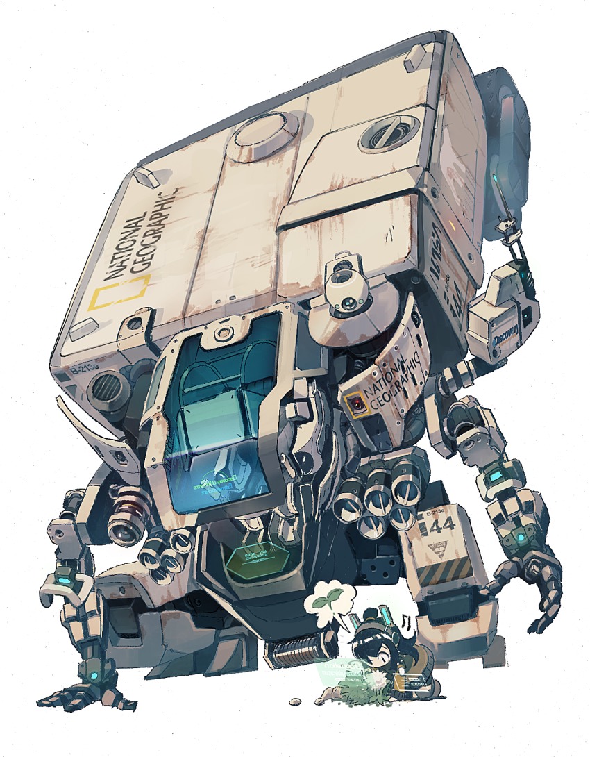1girl black_hair female_focus flower grass headphones highres holographic_interface logo mecha nasa_logo national_geographic original robot rock simple_background solo spoken_object white_background white_flower whitebear |_|
