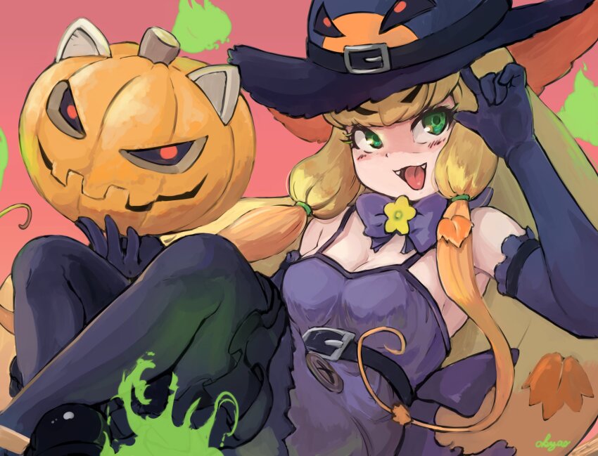 1girl :p bare_shoulders black_gloves black_hat black_pantyhose blonde_hair blush dress elbow_gloves fangs frilled_dress frilled_gloves frills gloves green_eyes hat highres jack-o&#039;-lantern jack-o&#039;-lantern_(kemono_friends) kemono_friends kemono_friends_3 long_hair multicolored_hair official_alternate_costume okyao open_mouth orange_hair pantyhose plant_hair purple_dress sidelocks sleeveless solo spaghetti_strap tongue tongue_out witch_hat