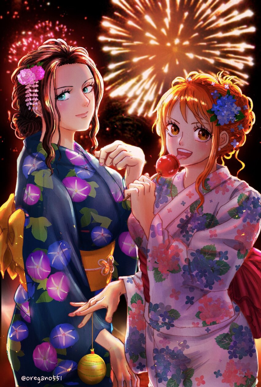 2girls black_hair blue_eyes commentary cowboy_shot eating english_commentary eyelashes fireworks flower hair_bun hair_flower hair_ornament highres holding holding_candy_apple japanese_clothes kimono multiple_girls nami_(one_piece) nico_robin one_piece orange_eyes orange_hair oregano551 sash sidelocks smile twitter_username wide_sleeves