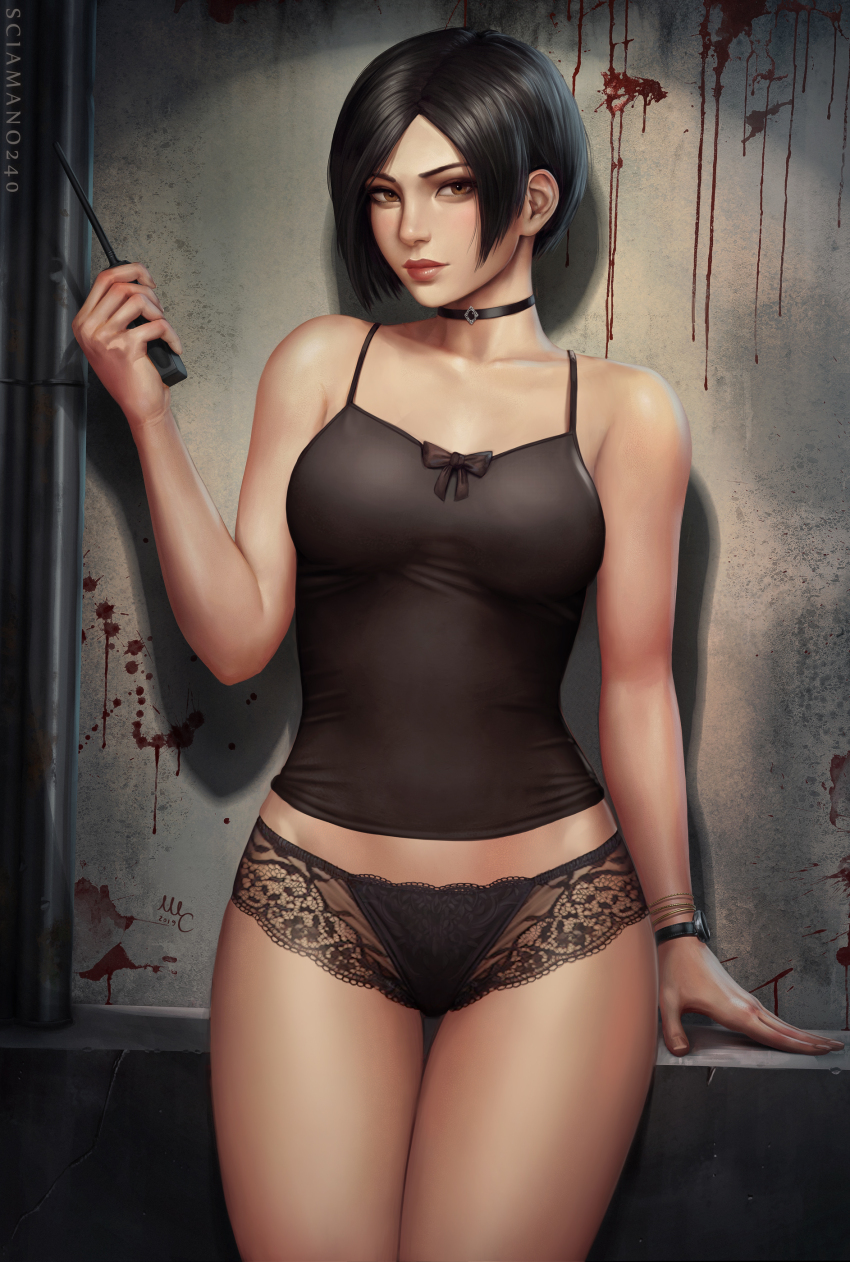 1girl ada_wong bare_shoulders black_hair blush breasts brown_eyes choker female_focus gloves gun highres lingerie looking_at_viewer medium_breasts panties resident_evil resident_evil_2 resident_evil_2_(remake) revision sciamano240 short_hair simple_background solo standing tank_top underwear weapon