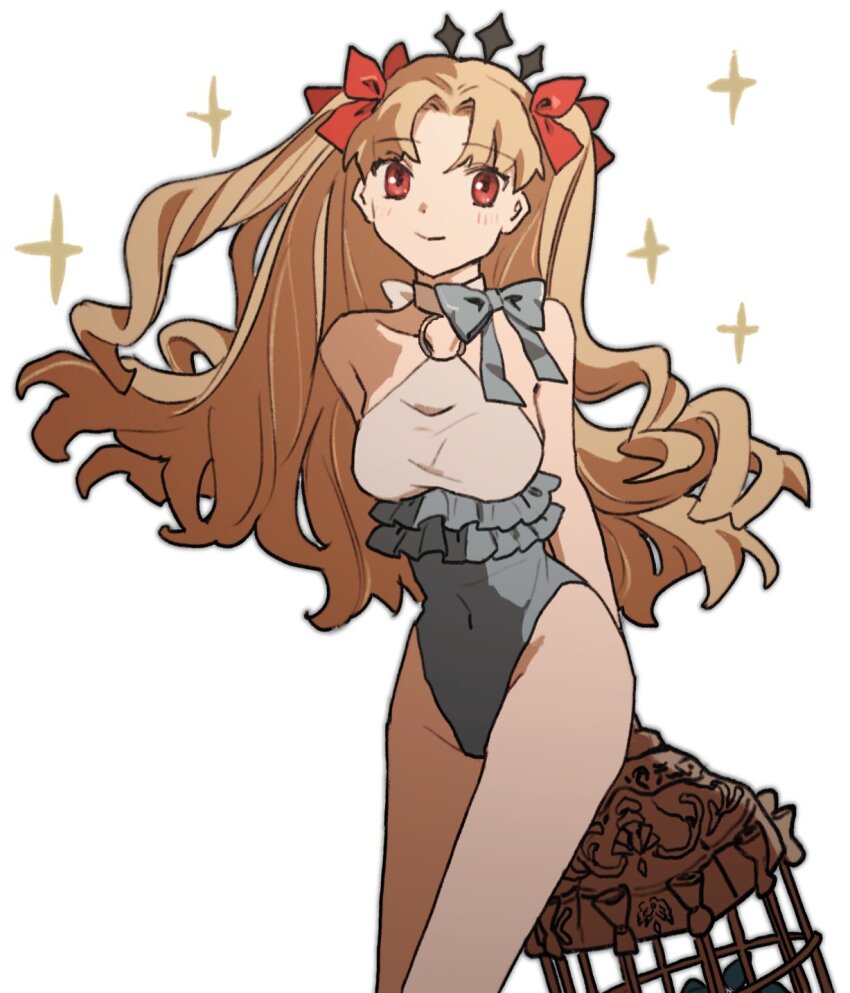 1girl bare_shoulders birdcage blonde_hair breasts cage ereshkigal_(fate) fate/grand_order fate_(series) frilled_one-piece_swimsuit frills highleg highleg_one-piece_swimsuit highres holding holding_cage long_hair looking_at_viewer m_12170 medium_breasts o-ring one-piece_swimsuit red_eyes smile solo space_ereshkigal_(fate) space_ereshkigal_(first_ascension)_(fate) sparkle swimsuit two_side_up