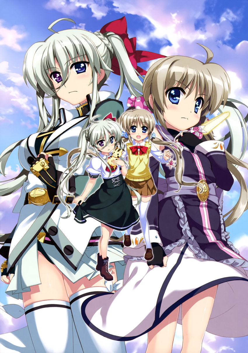 2girls :d :o absurdres ahoge ascot asteion bare_legs bare_shoulders black_gloves black_leotard blue_eyes blue_sky blush boots bow bowtie braid breasts brown_footwear brown_gloves brown_skirt brunzel candy_hair_ornament clenched_hand cloud cloudy_sky collared_shirt corona_timir cross-laced_footwear dagger day dress dual_persona einhard_stratos energy_blade eyes_visible_through_hair fingerless_gloves food-themed_hair_ornament french_braid frilled_dress frills fujima_takuya gloves green_hair green_skirt grey_frills hair_between_eyes hair_bow hair_ornament hand_on_own_chest heterochromia high-waist_skirt highres holding holding_stuffed_toy jacket knees_together_feet_apart knife large_breasts leotard light_brown_hair loafers long_skirt looking_at_viewer low_twintails lyrical_nanoha magical_girl mahou_shoujo_lyrical_nanoha_vivid miniskirt multicolored_dress multiple_girls official_art open_mouth outdoors overskirt parted_lips pigeon-toed pink_stripes pleated_skirt print_dress puffy_short_sleeves puffy_sleeves purple_dress purple_eyes purple_sash red_bow red_neckwear sash scan school_uniform shirt shoes short_sleeves single_stripe skirt skirt_hold sky small_breasts smile standing standing_on_one_leg striped_clothes striped_dress stuffed_animal stuffed_leopard stuffed_toy sweater_vest thighhighs twintails vertical-striped_clothes vertical-striped_dress vest weapon white_dress white_jacket white_legwear white_shirt white_skirt white_stripes yellow_vest zettai_ryouiki