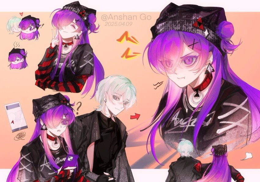 1boy 1girl :3 ? alternate_costume anshango black_gloves black_hat black_jacket black_shirt cellphone chibi choker closed_eyes closed_mouth commentary contemporary earrings female_shez_(fire_emblem) fingerless_gloves fire_emblem fire_emblem:_three_houses fire_emblem_warriors:_three_hopes gloves green_eyes green_hair hair_bun hair_over_one_eye hat heart highres holding holding_hands holding_phone jacket jewelry kiss kissing_cheek long_hair looking_at_another male_byleth_(enlightened)_(fire_emblem) male_byleth_(fire_emblem) nintendo open_clothes open_jacket phone pout purple_eyes purple_hair red_choker shirt short_hair simple_background single_hair_bun smile twitter_username v very_long_hair