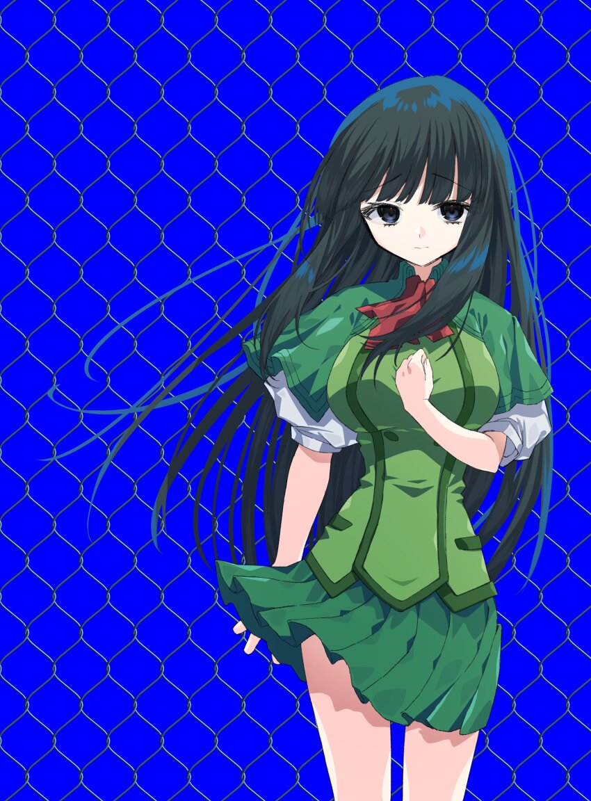 1girl absurdres against_fence black_hair blue_eyes blunt_bangs capelet chain-link_fence fence green_capelet highres long_hair looking_at_viewer necktie red_necktie school_uniform solo takashima_zakuro tsui_no_sora ukairo_4463