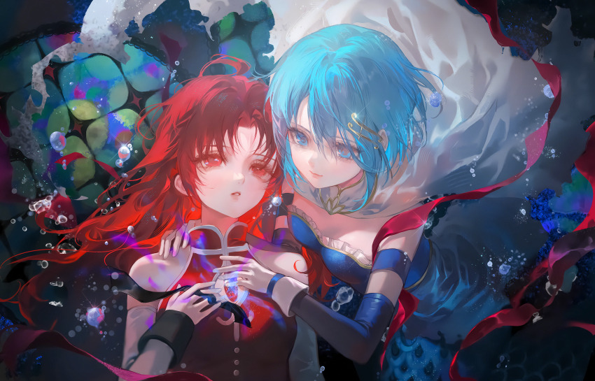 2girls abstract_background absurdres air_bubble artist_request bare_shoulders blue_eyes blue_hair bubble cape collared_cape collared_dress commission detached_sleeves dress fortissimo glint gloves hair_down hair_ornament hand_on_another&#039;s_chest hand_on_another&#039;s_shoulder highres light_smile long_hair mahou_shoujo_madoka_magica mahou_shoujo_madoka_magica_(anime) miki_sayaka miki_sayaka_(magical_girl) multiple_girls musical_note musical_note_hair_ornament oktavia_von_seckendorff parted_bangs parted_lips red_dress red_eyes red_hair red_ribbon ribbon sakura_kyoko sakura_kyoko_(magical_girl) second-party_source short_hair sleeveless sleeveless_dress upper_body white_cape white_gloves yuri